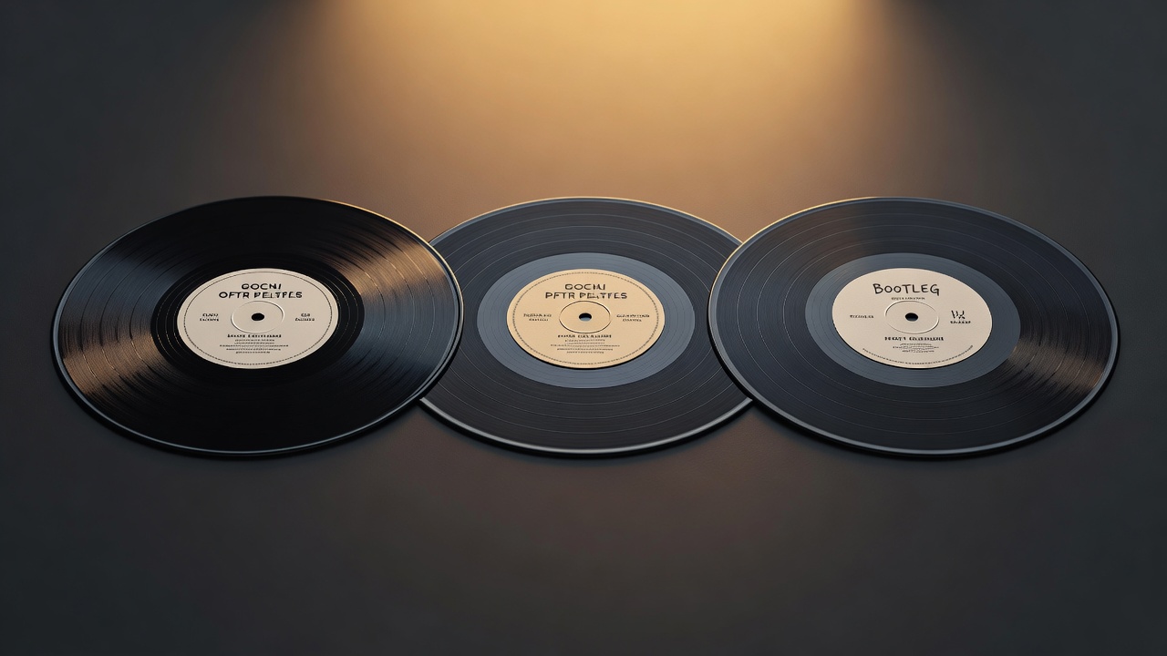 Trois disques vinyles posés côte à côte représentant un pressage original, un bootleg et une contrefaçon, avec des différences subtiles de label et de pochette, éclairés par une lumière ambrée